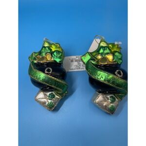 Vintage Glass‎ Irish Ornament Lucky Pot Of Gold Green Glitter Lot Of 2